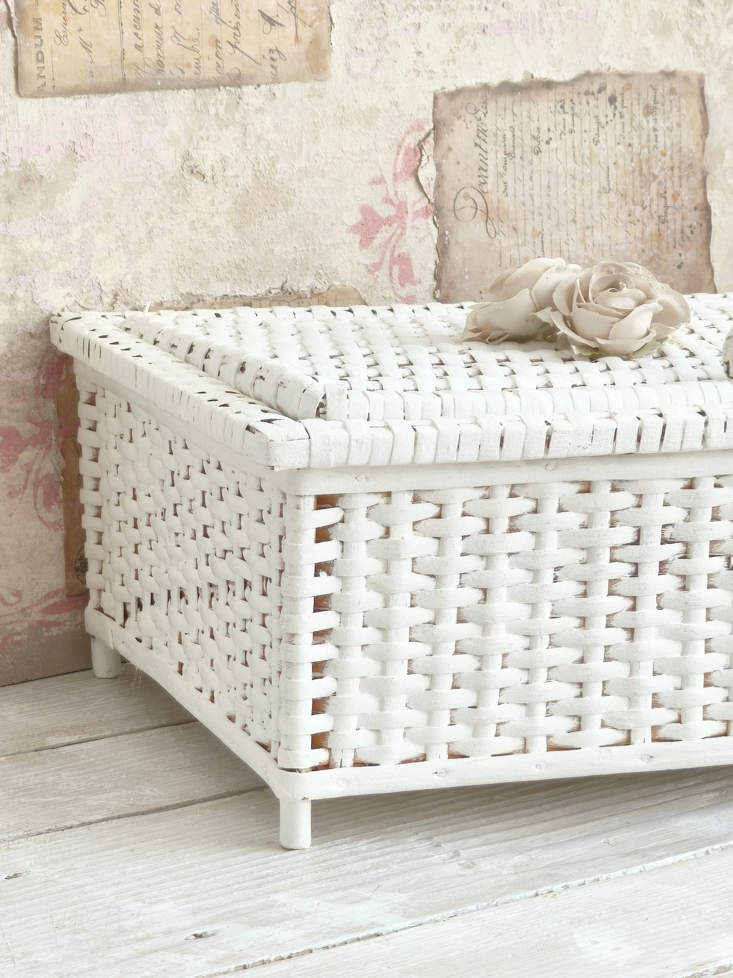 White Wicker Basket with Roses, Lidded Box