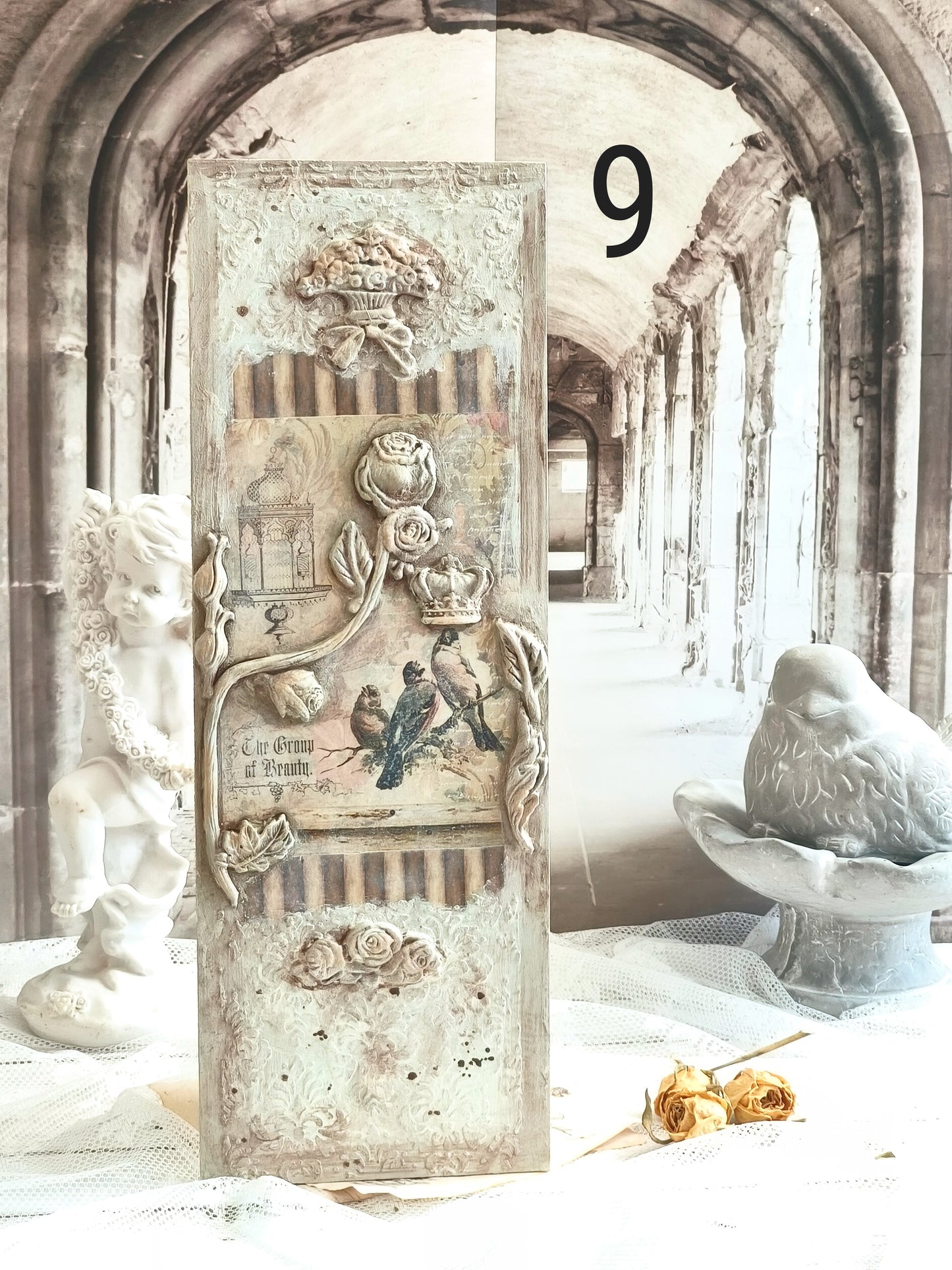 French Decor Wall Wooden Plaque with Birds and Roses