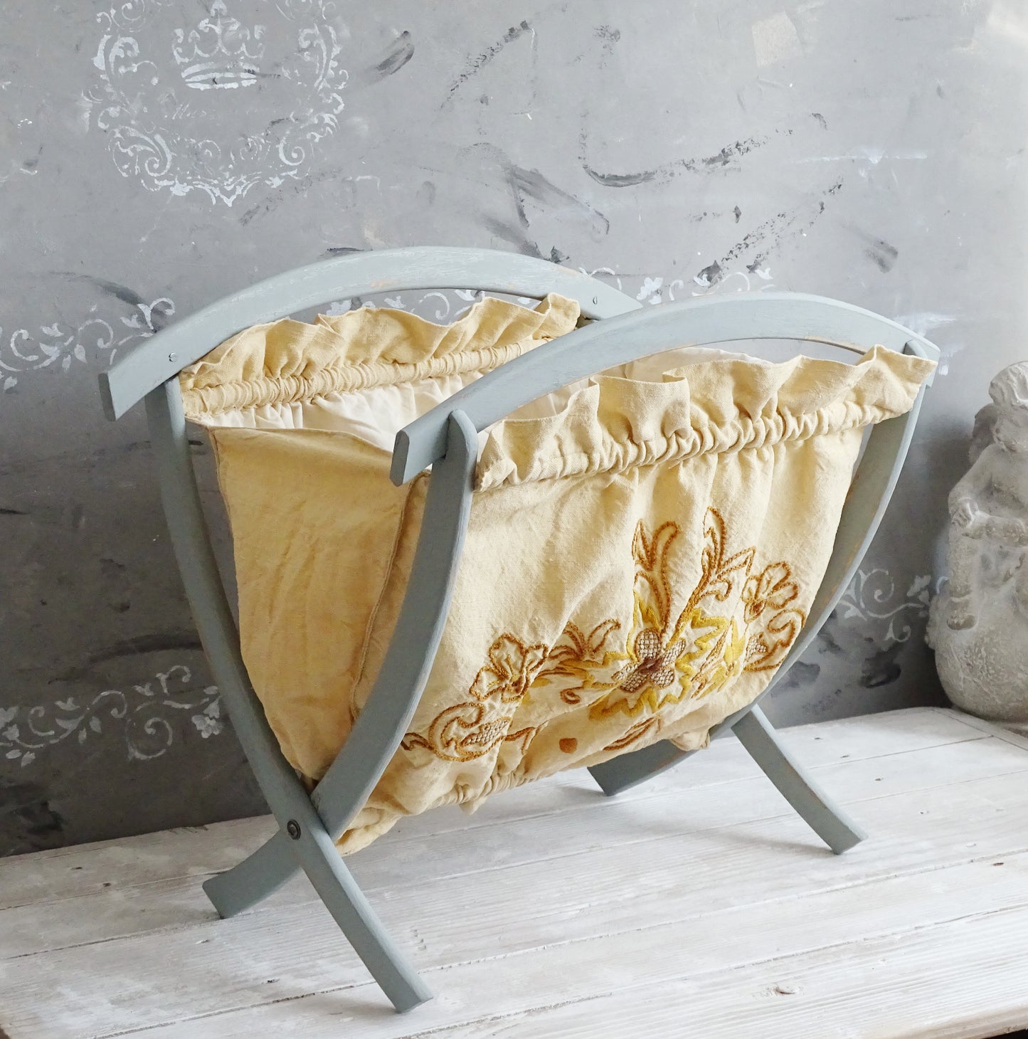 Vintage Blue Wood Magazine Rack With Ochre Beige Embroidery Floral Fabric