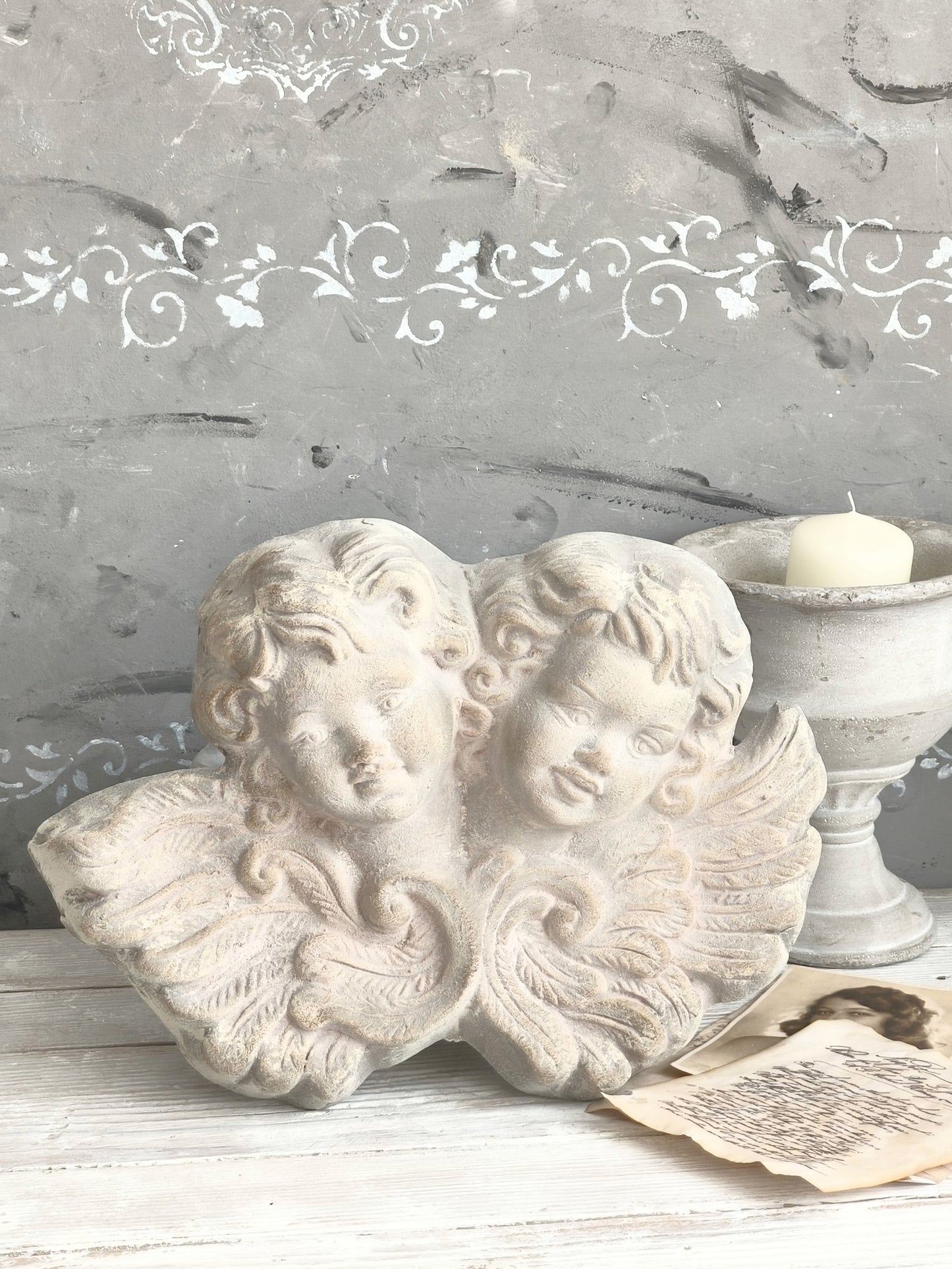Large Plaster Cherubs Head Wall Sculpture, Bas Relief Chalkware Putti Angels, Shabby Chic Decor