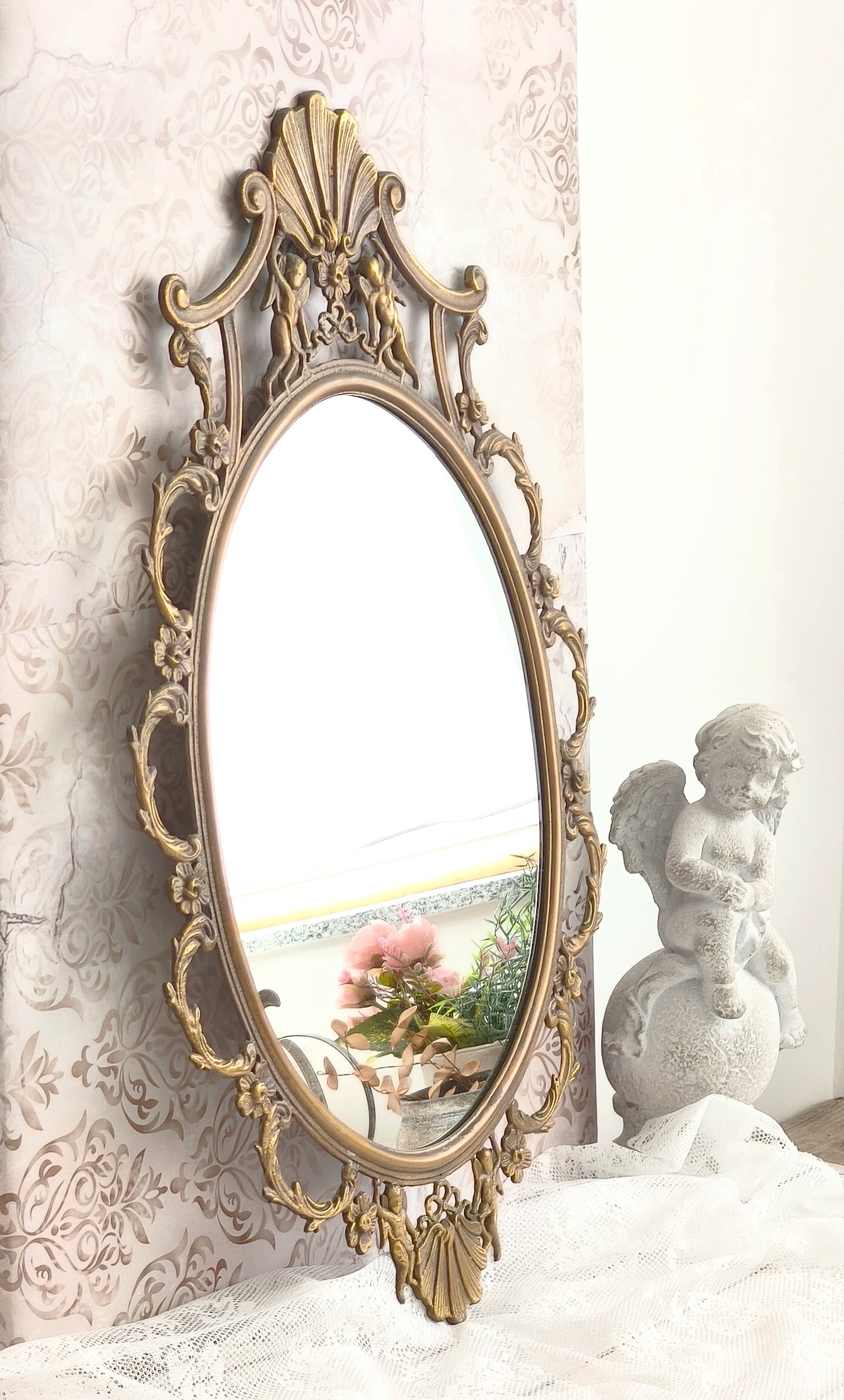 Large Antique Brass Wall Mirror With Cherubs, Oval Ornate Rocaille Design