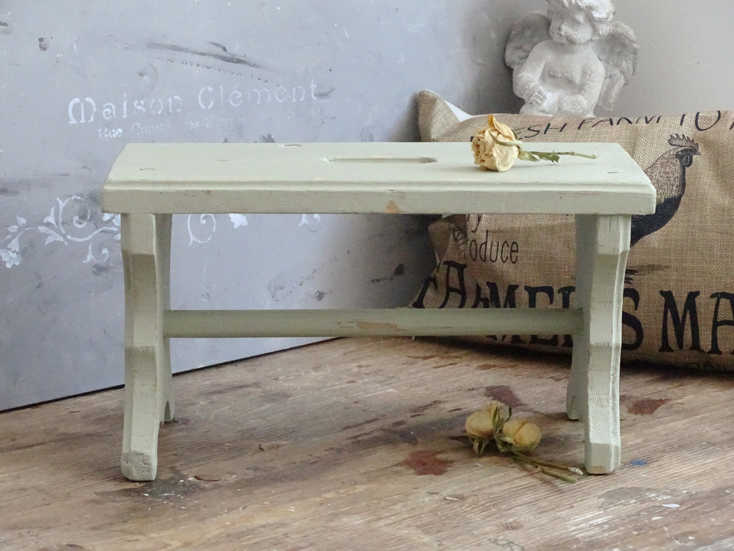 Distressed Green Wood Step Stool, Primitive Farmhouse Milking Stool, Plant Stand Bench