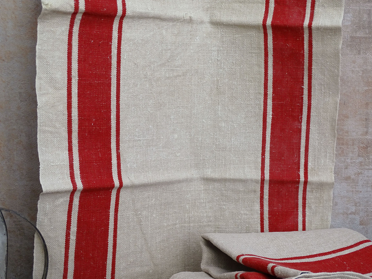 Set Of 2 Antique French Linen Tea Towels: Red Stripes, Unused 1900s Torchon