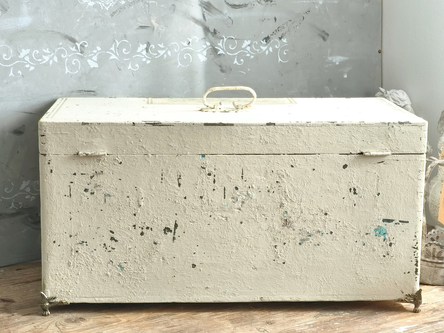 Antique Creamy Wooden Trunk Chest, Distressed Furniture