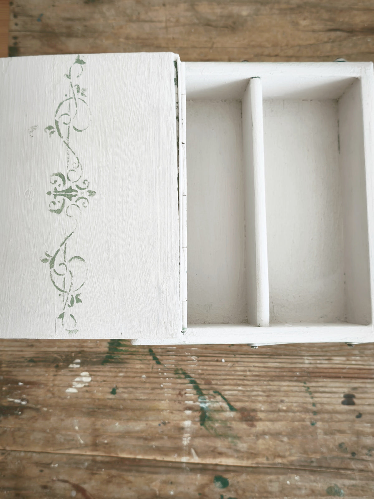 Antique Large Accordion Sewing Box: Shabby Chic Off White Wood Expandable Storage