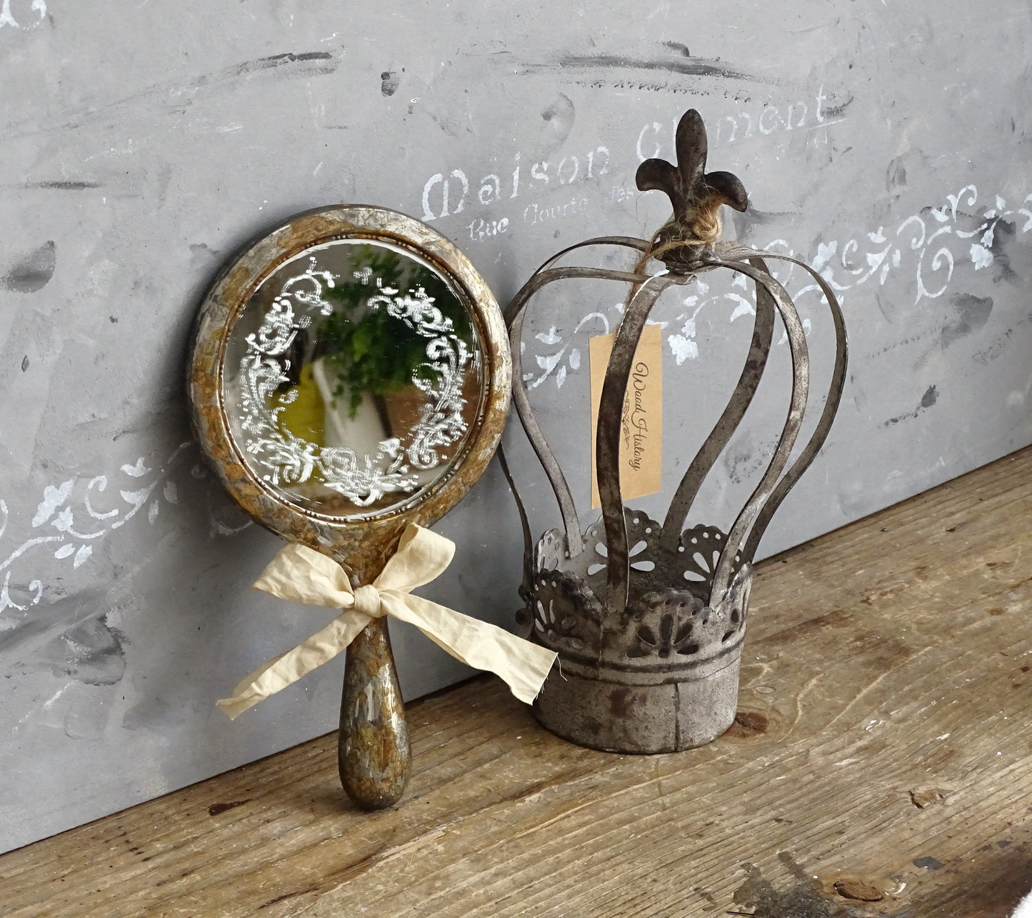 Aged Metal Hand Mirror with Bow, Makeup Mirror