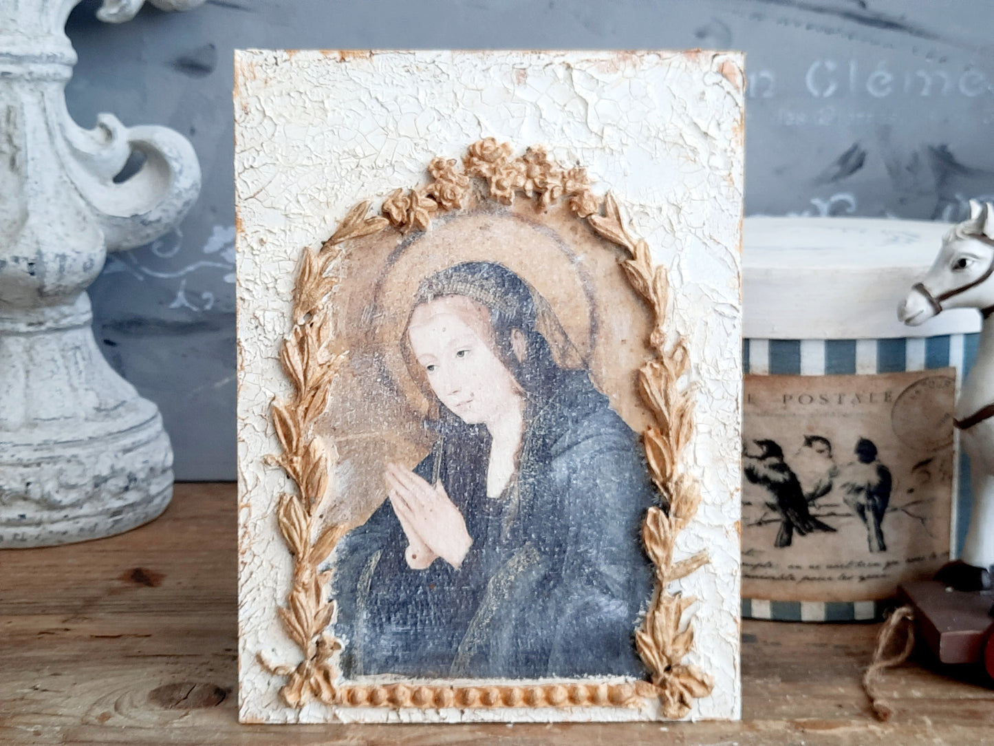 Holy Mary Icon Plaque, Handmade French Decor
