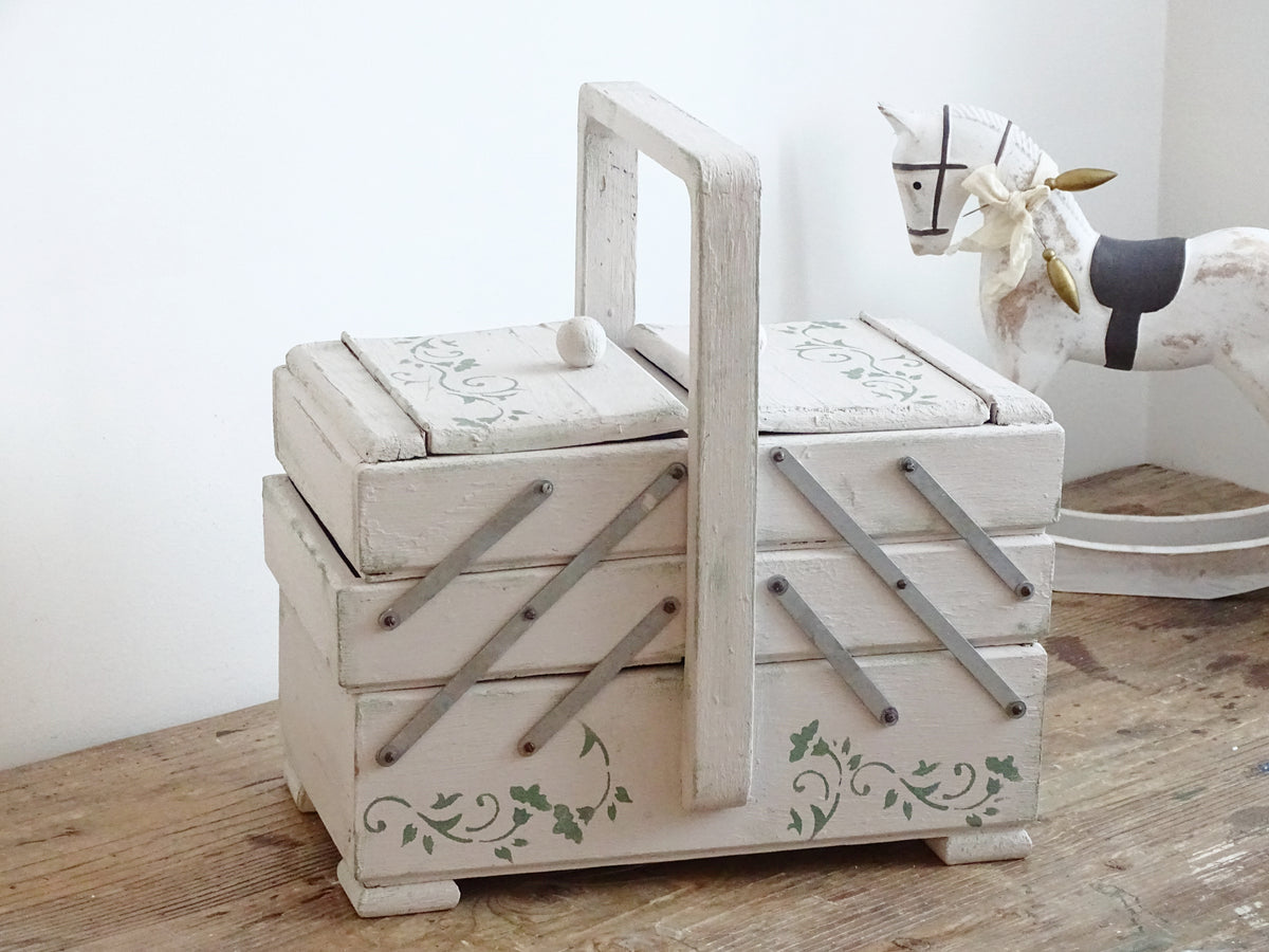 Antique Large Accordion Sewing Box: Shabby Chic Off White Wood Expandable Storage