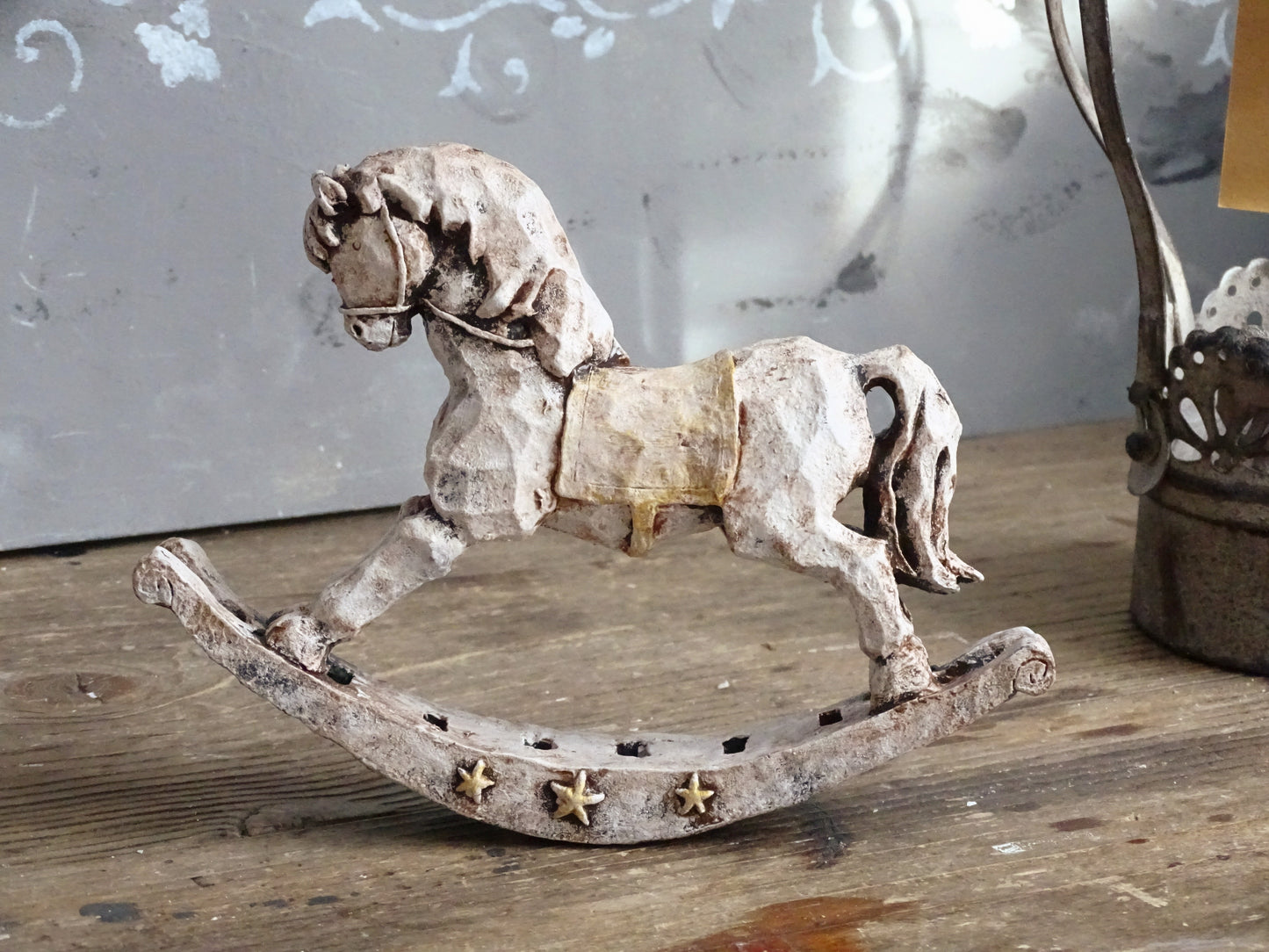 Aged Figurine Cherub, Crown, Rocking Horse, Bird, Urn Vase, Shabby Chic Decor