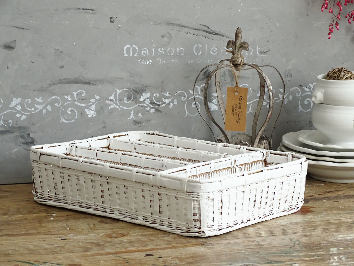 White Wicker Flatware Tray, Cuttlery Caddy Holder, Compartment Divided Box, Drawer Organizer, Shadow Box