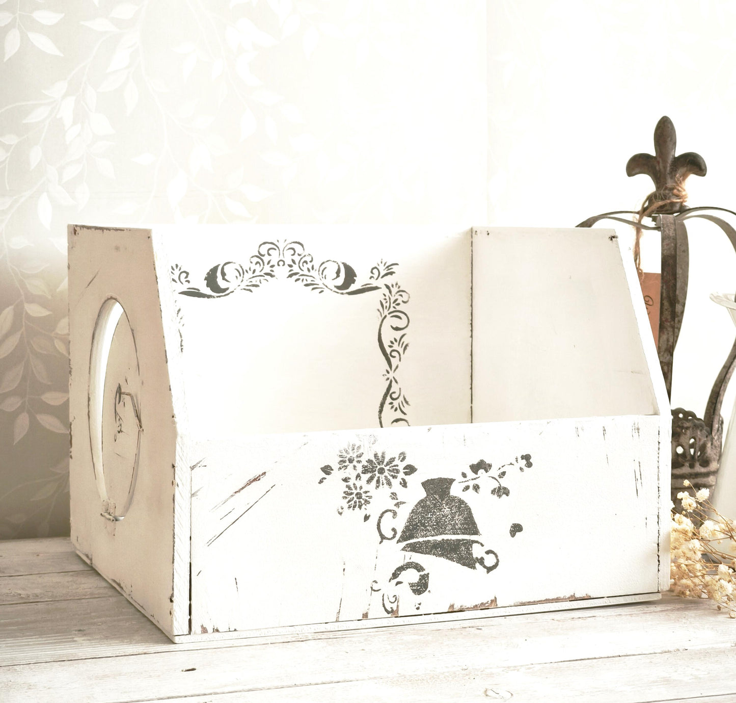 White Wood Storage Box w/ Side Opening, Crate, Tray, Shabby Chic, Large Kitchen Counter Display Box, Modern Farmhouse Decor