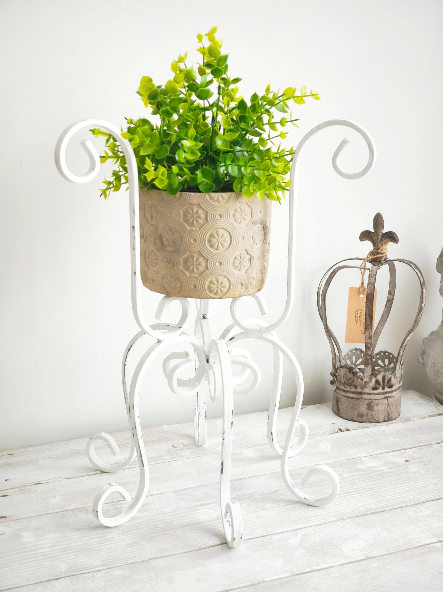 White Wrought Iron Plant Stand: Shabby Chic Metal Basket, Planter