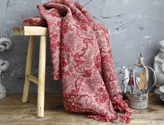 Maroon Pink Jacquard Floral Tapestry, Woven Cotton Summer Blanket, French Country Textile Wall Hanging