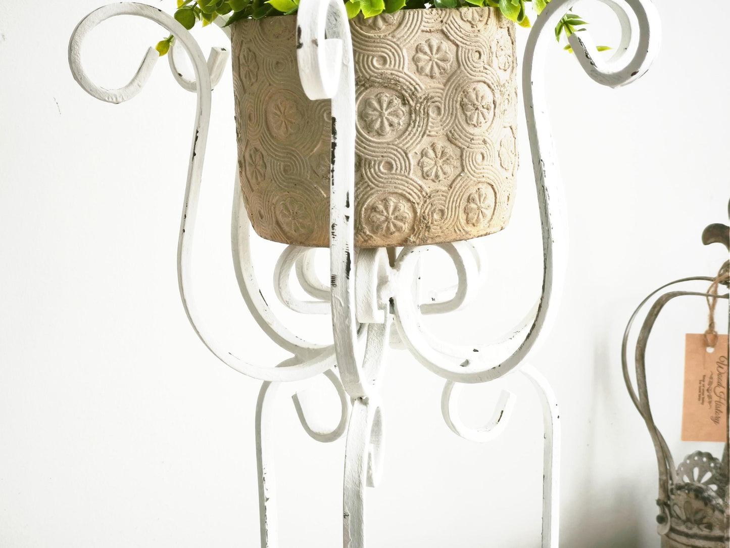 White Wrought Iron Plant Stand: Shabby Chic Metal Basket, Planter