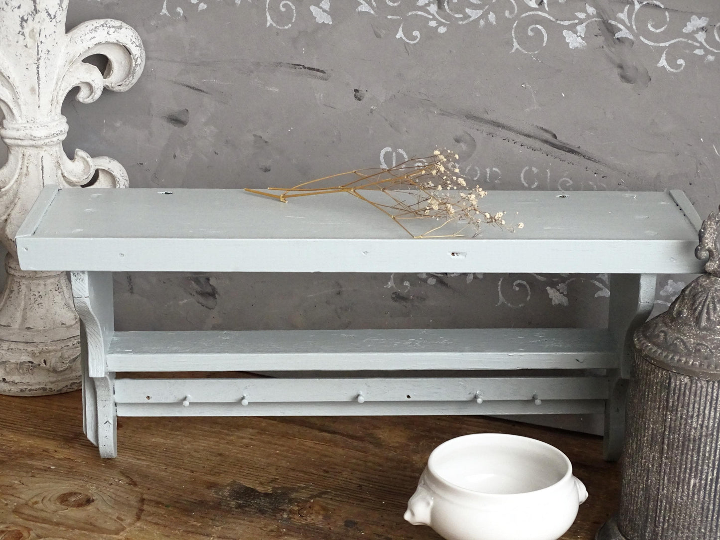 Blue 2-Tier Wood Corbel Wall Shelf with Pegs: Shabby Chic Spice Rack