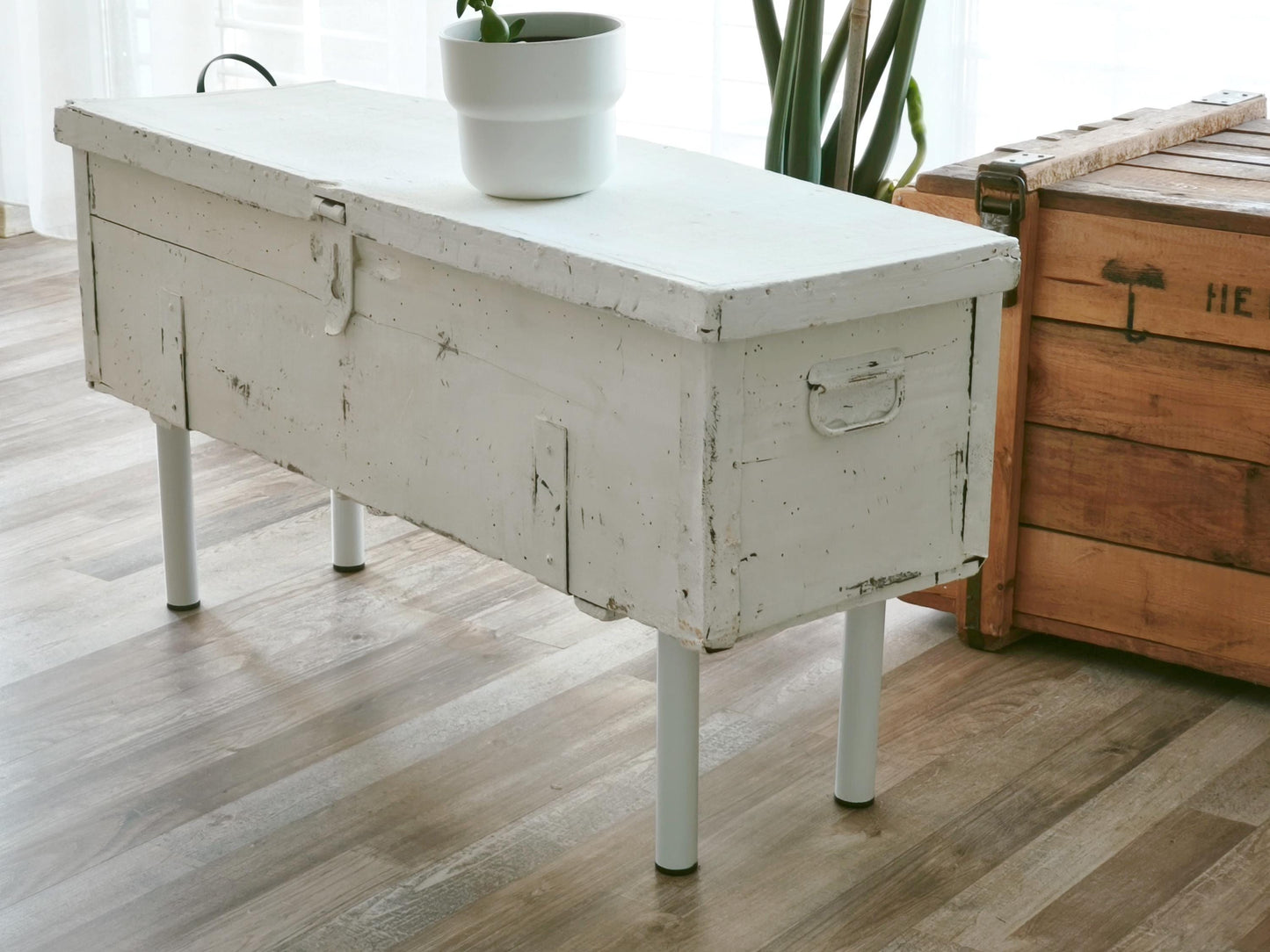 Antique White Wood Storage Bench: Shabby Chic Farmhouse Trunk, Industrial Legs
