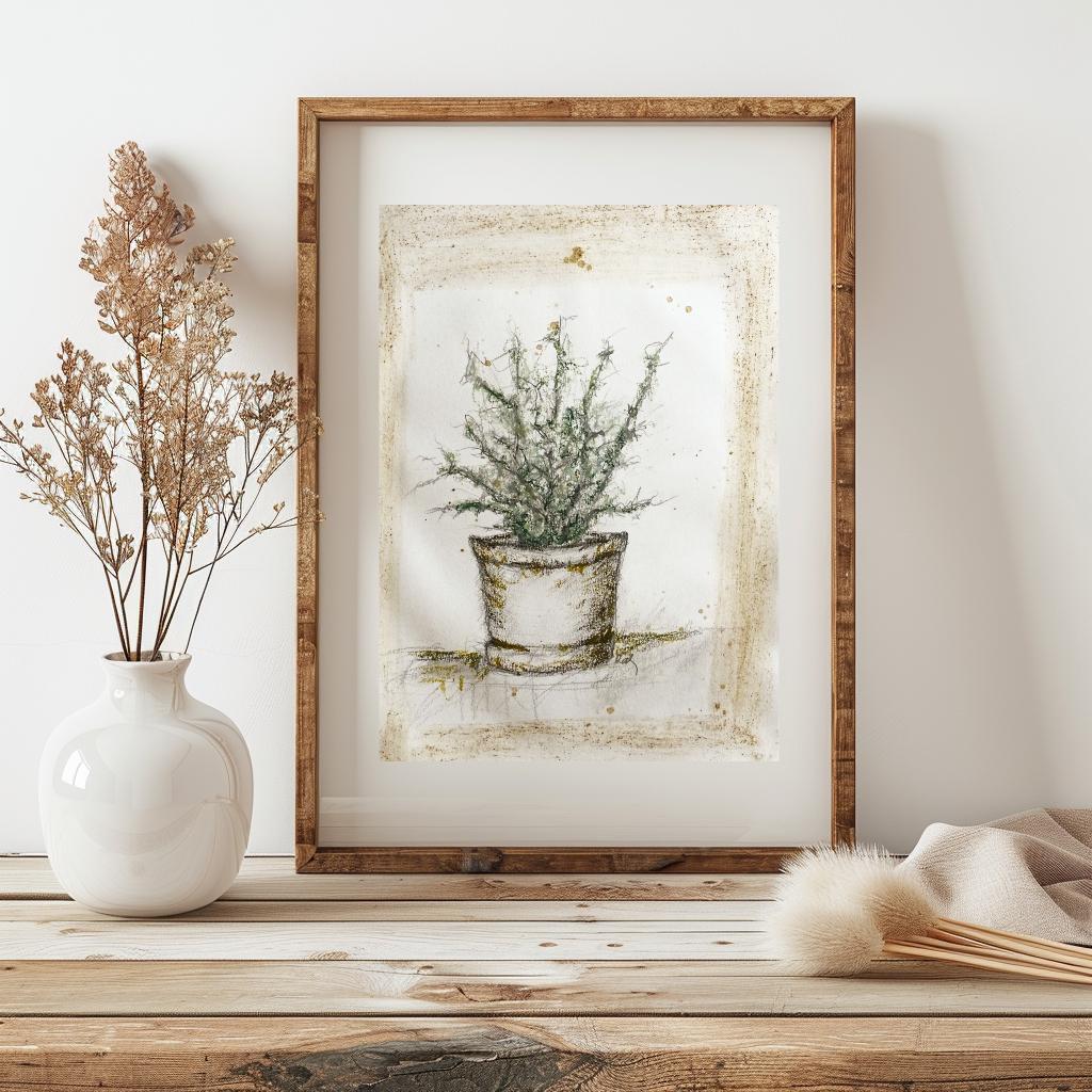 Original Sketch Plant Pot Drawing, Naive Still Life Greenery Artwork, Rustic Cabin Decor