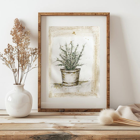 Original Sketch Plant Pot Drawing, Naive Still Life Greenery Artwork, Rustic Cabin Decor