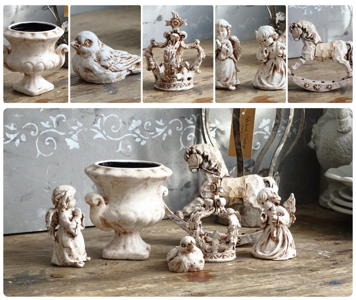 Aged Figurine Cherub, Crown, Rocking Horse, Bird, Urn Vase, Shabby Chic Decor