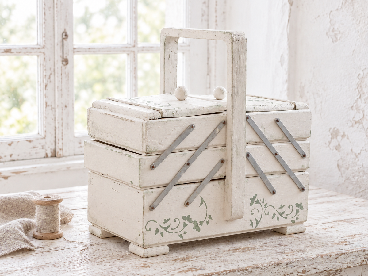 Antique Large Accordion Sewing Box: Shabby Chic Off White Wood Expandable Storage