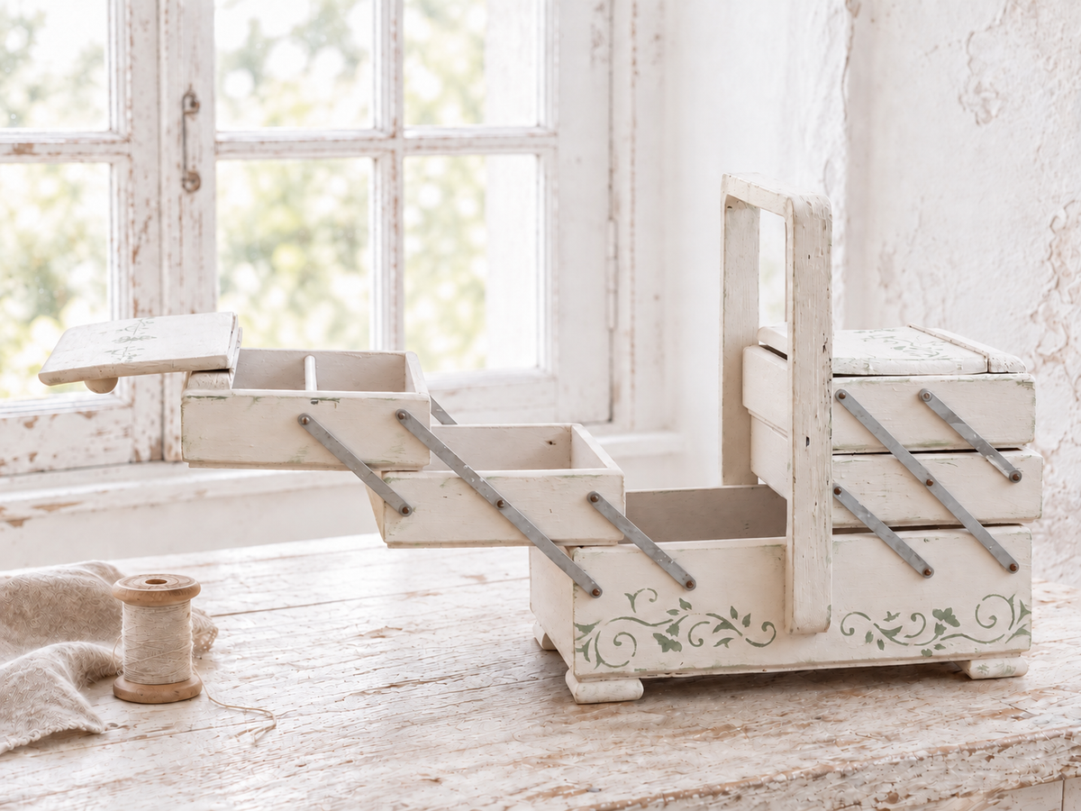Antique Large Accordion Sewing Box: Shabby Chic Off White Wood Expandable Storage