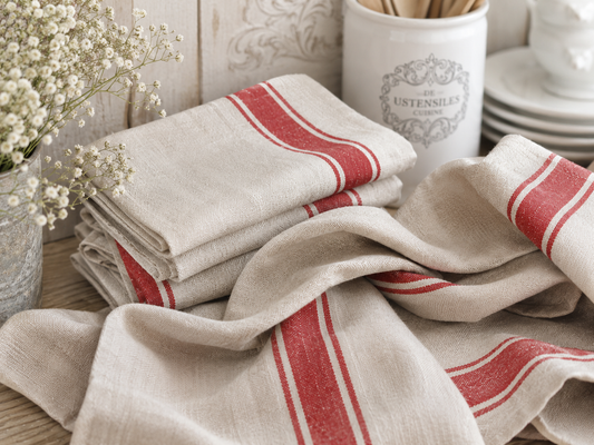 Set Of 2 Antique French Linen Tea Towels: Red Stripes, Unused 1900s Torchon