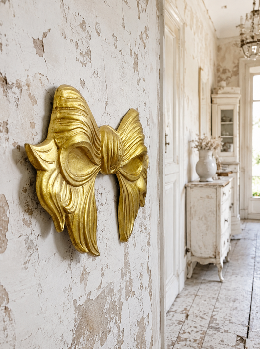 33.9" Hand Carved Gold Wooden Bow, Florentine Plaque, Extra Large Wall Decor Pediment, Panel