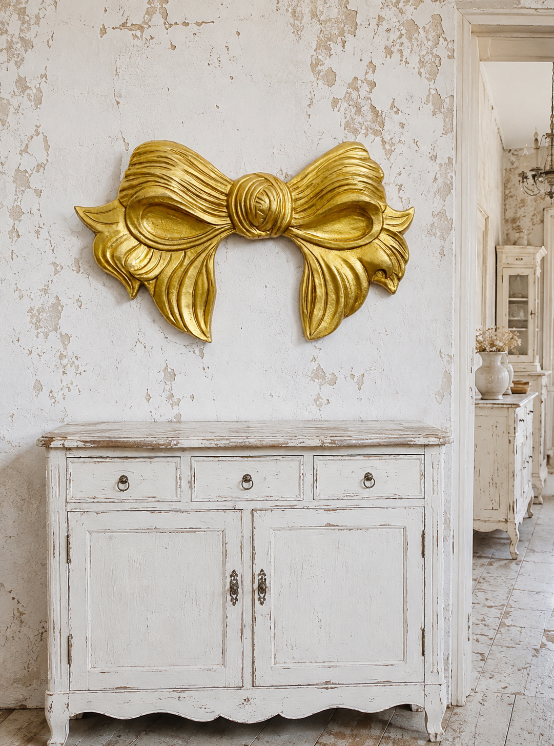 33.9" Hand Carved Gold Wooden Bow, Florentine Plaque, Extra Large Wall Decor Pediment, Panel