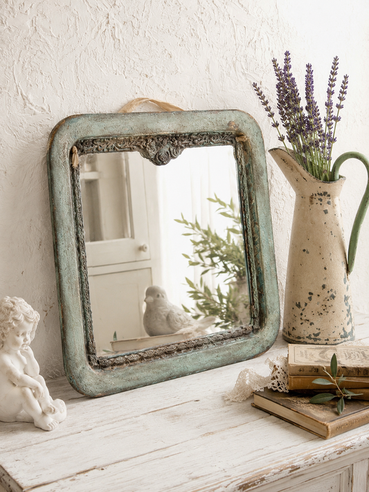 Romantic Blue Metal Wall Mirror With Floral Details And Hanging Ribbon, Distressed Shabby Chic Home Decor
