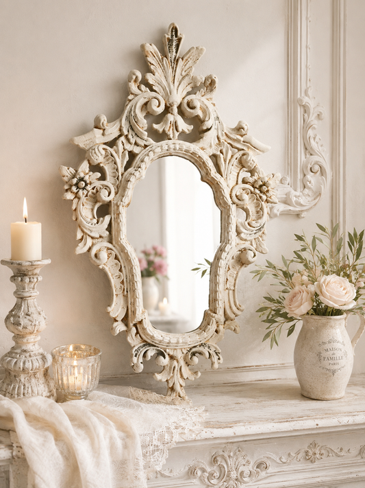 Large Carved Wood Wall Mirror, Framed Ornate Rocaille Distressed White Oval Vanity Boudoir Mirror, Statement Wall Decor