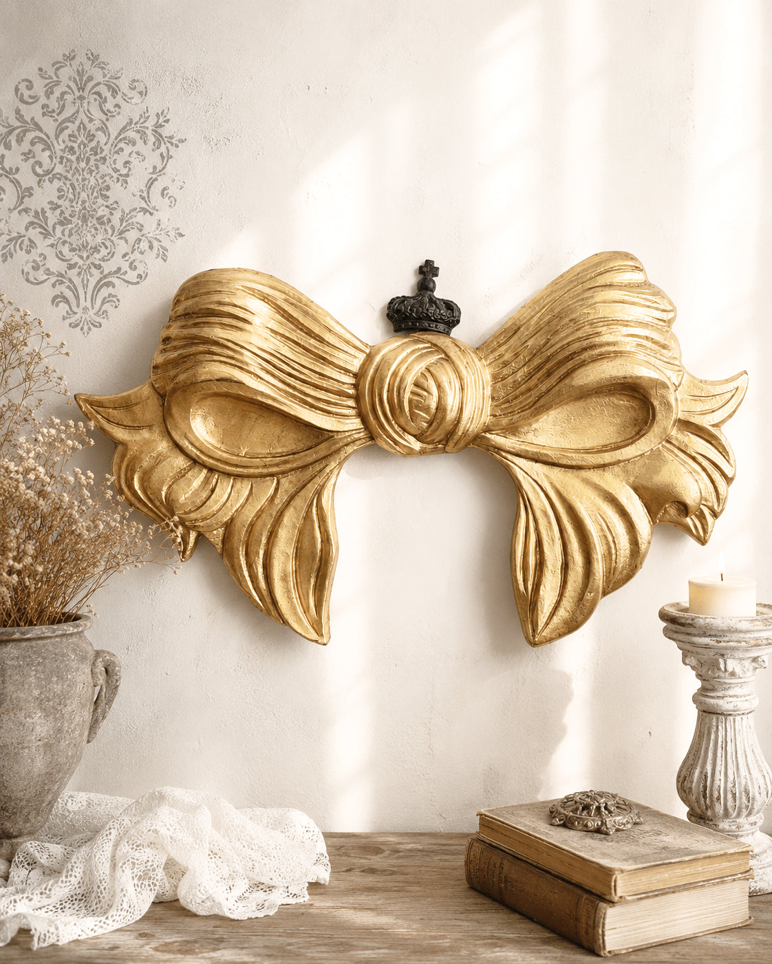 33.9" Hand Carved Gold Wooden Bow, Florentine Plaque, Extra Large Wall Decor Pediment, Panel