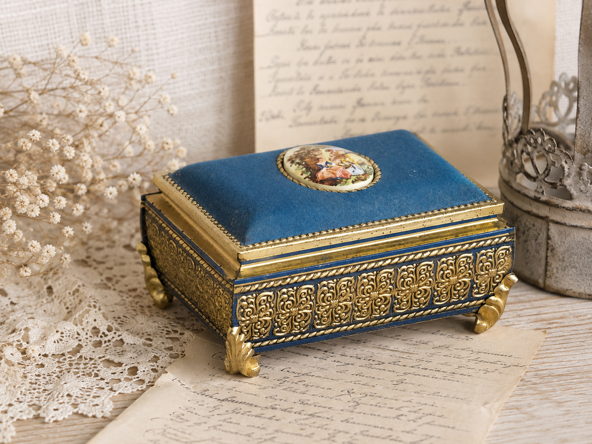 Gold Blue Tin Cameo Jewelry Box Velvet Lid, Ornate Ring Trinket Box, Small Decorative Tin Footed Box, Metal Jewelry Storage Box