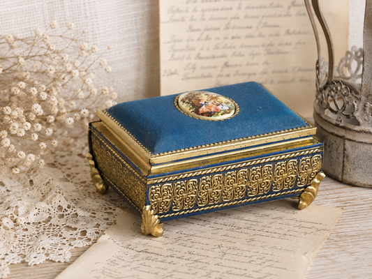 Gold Blue Tin Cameo Jewelry Box Velvet Lid, Ornate Ring Trinket Box, Small Decorative Tin Footed Box, Metal Jewelry Storage Box