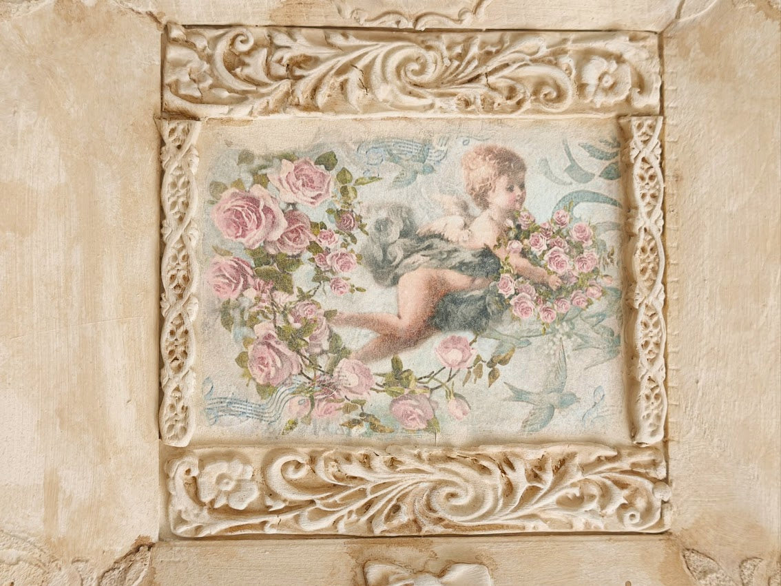 Putty Angel Cherub Wall Panel, French Decor, Cherub Picture, Shabby Chic Decor, Ornate Antique Style Cherub Wall Plaque