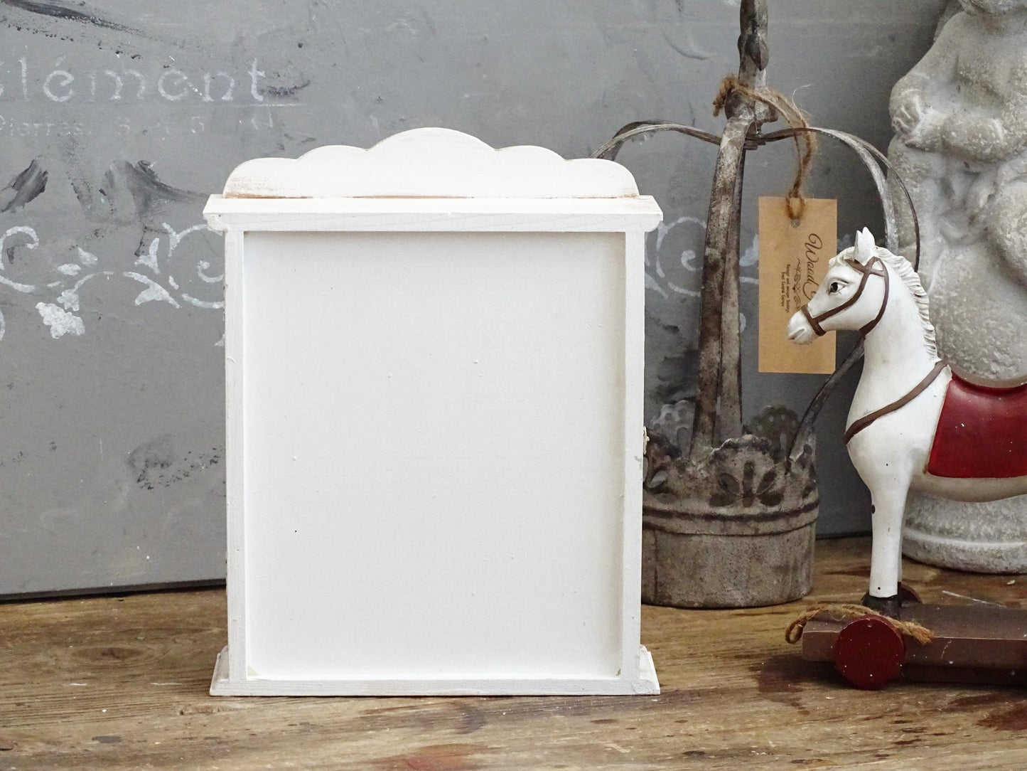 Shabby Chic White Wood Key Box: Wall Hanging Key Cabinet with Bird Motif