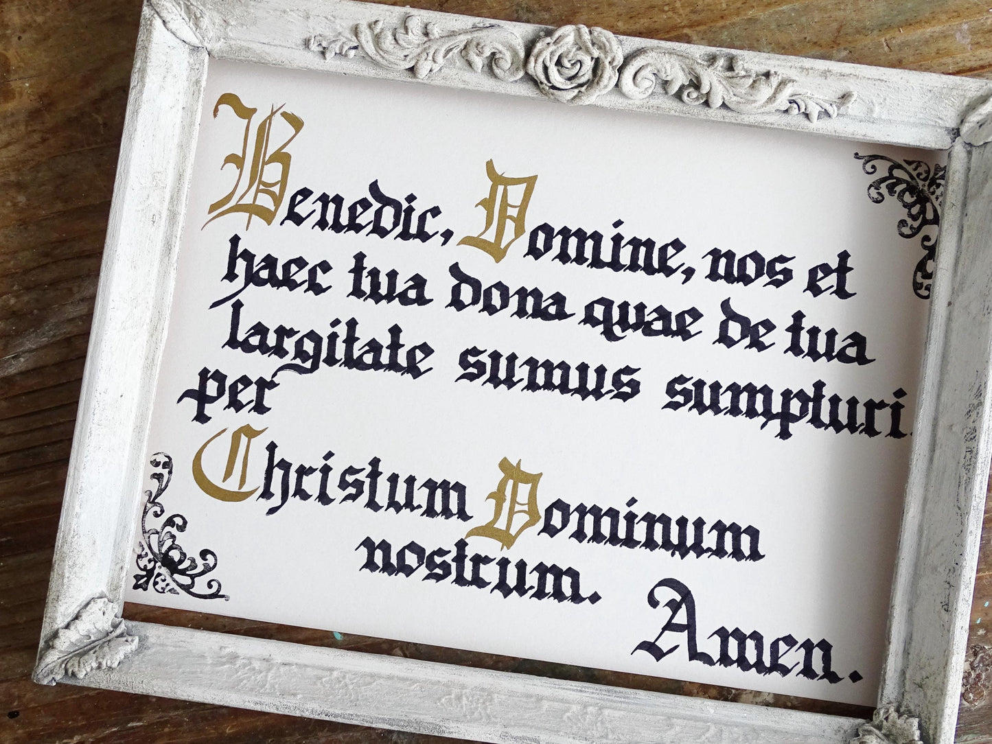 Latin Prayer Before Meal, Handwritten Catholic Blessing, Gothic Calligraphy Manuscript