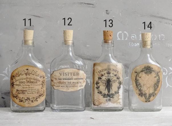 Small Apothecary Medicine Bottle Jar with French Label & Cork Stopper