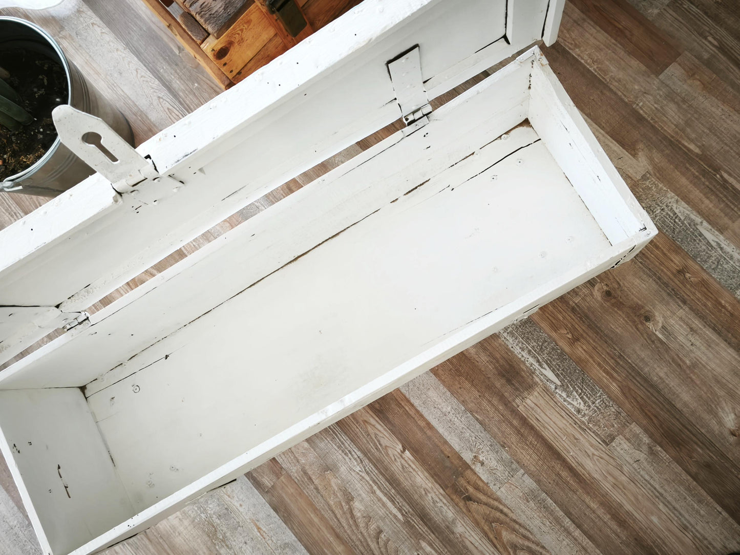 Antique White Wood Storage Bench: Shabby Chic Farmhouse Trunk, Industrial Legs
