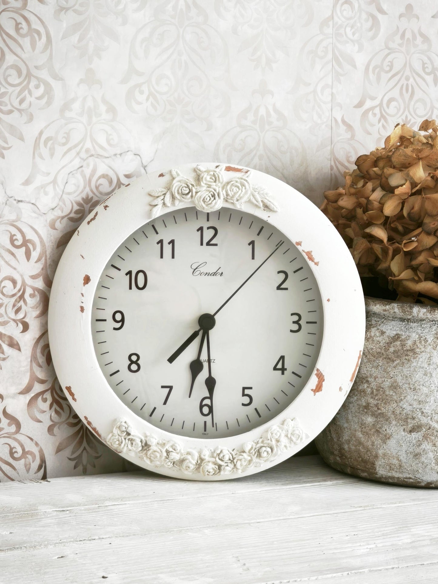 White Wood Wall Clock with Clay Flowers, Shabby Chic Ornate Floral Home Decor