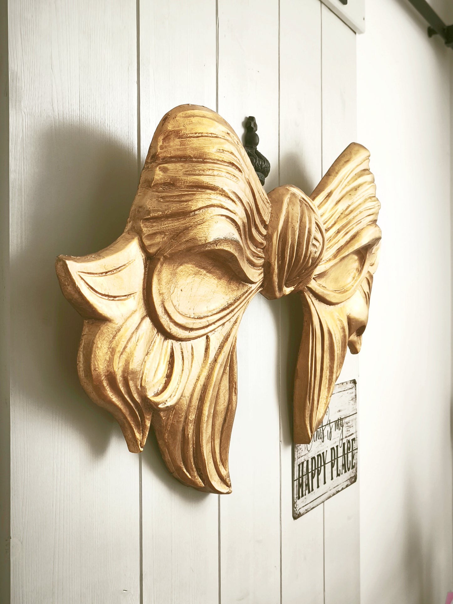 33.9" Hand Carved Gold Wood Bow Plaque, Extra Large Wall Pediment, Panel, Florentine Wall Decor