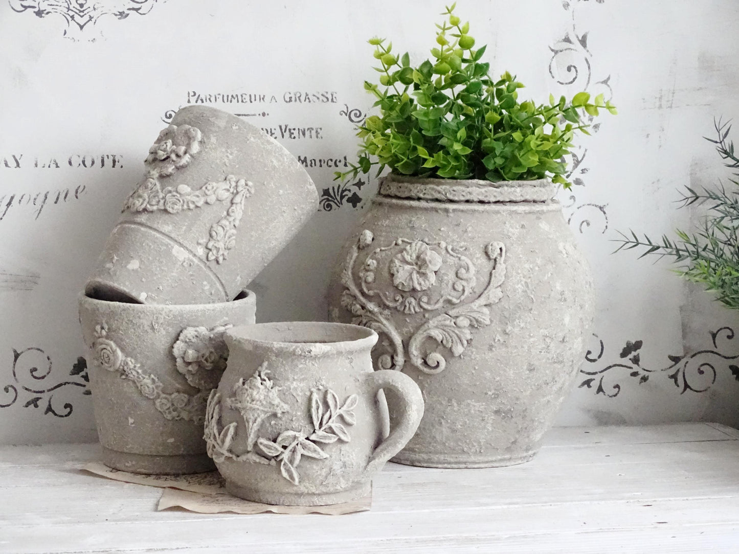 Distressed Gray Ceramic Plant Pot Stone Effect, Textured Planter, Flower Pot Clay Ornaments, Indoor Gardening, Rustic Pottery Vase