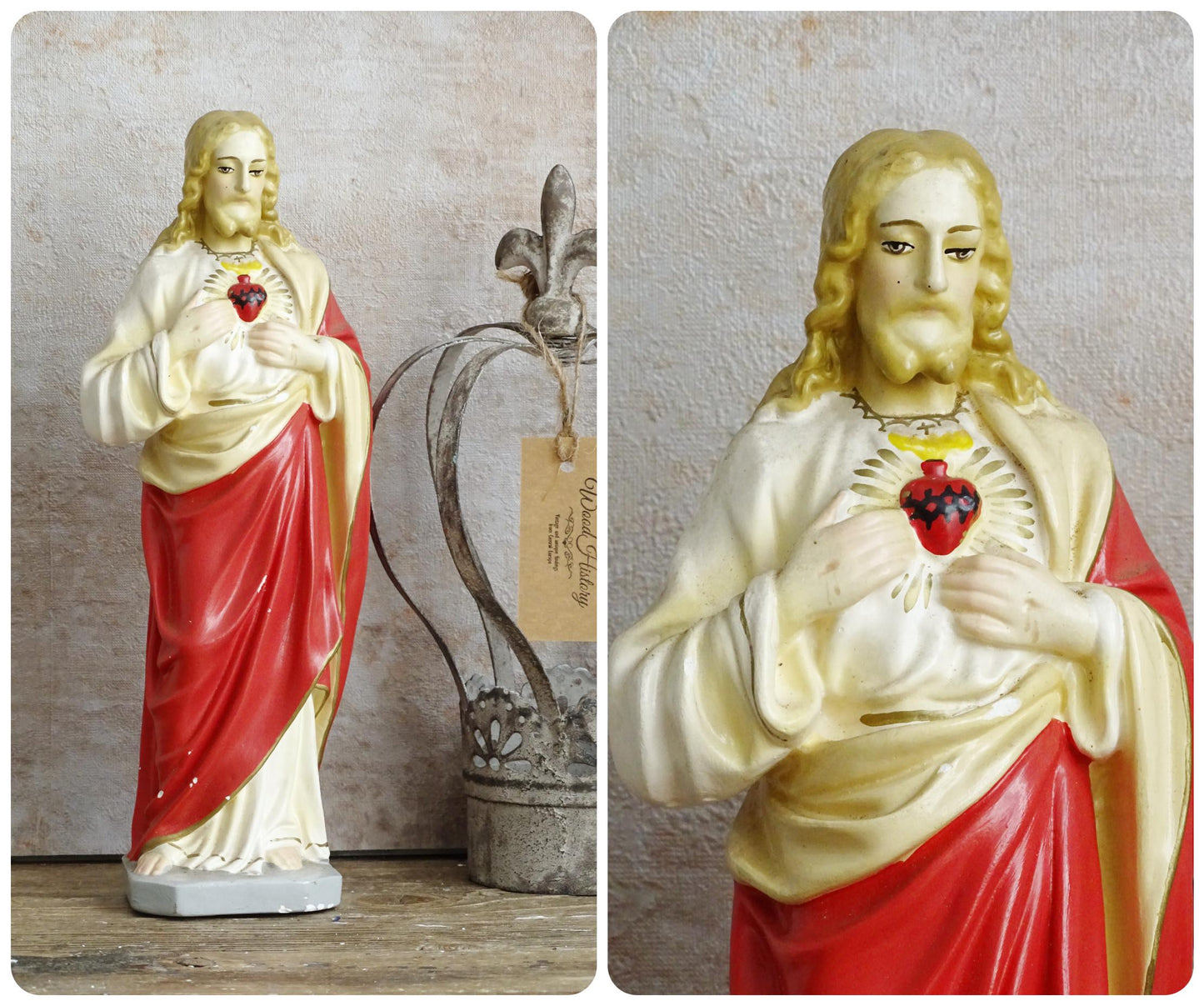 Antique Sacred Heart Jesus Statue: Plaster Hand-Painted Chalkware, Catholic Statuary