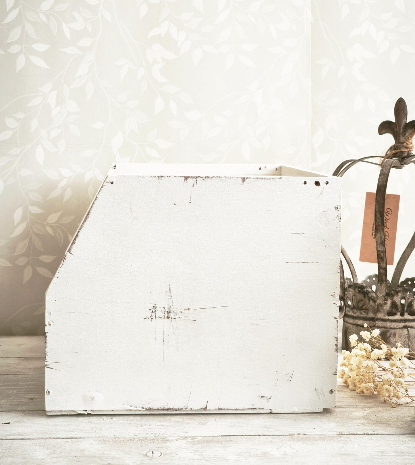 White Wood Storage Box w/ Side Opening, Crate, Tray, Shabby Chic, Large Kitchen Counter Display Box, Modern Farmhouse Decor