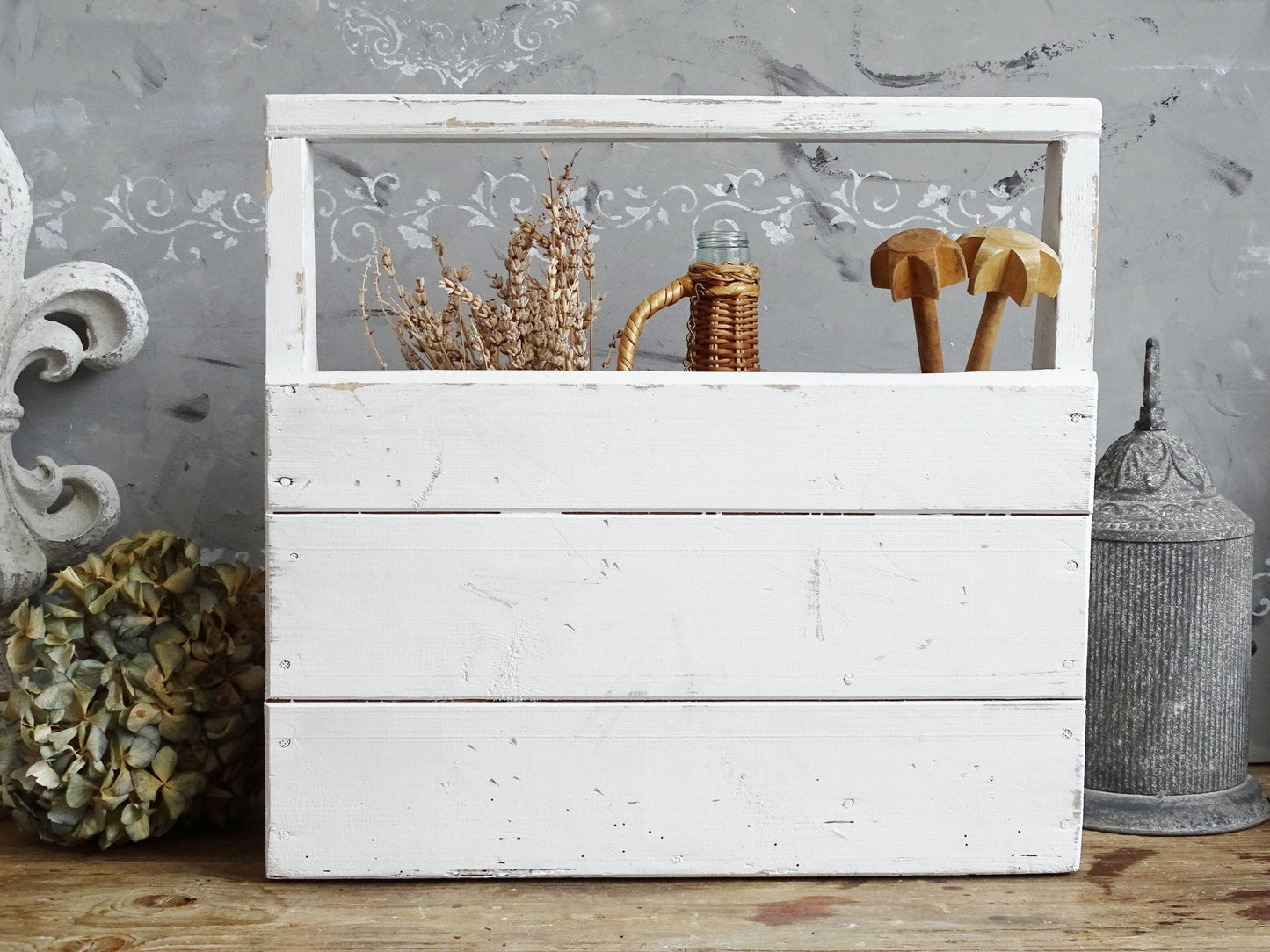 White Wood Toolbox with Handle, Caddy, Carpenter Tool Box, Garden Tote, Farmhouse Tool Carrier, Compartment Storage Box, Wood Trug Basket