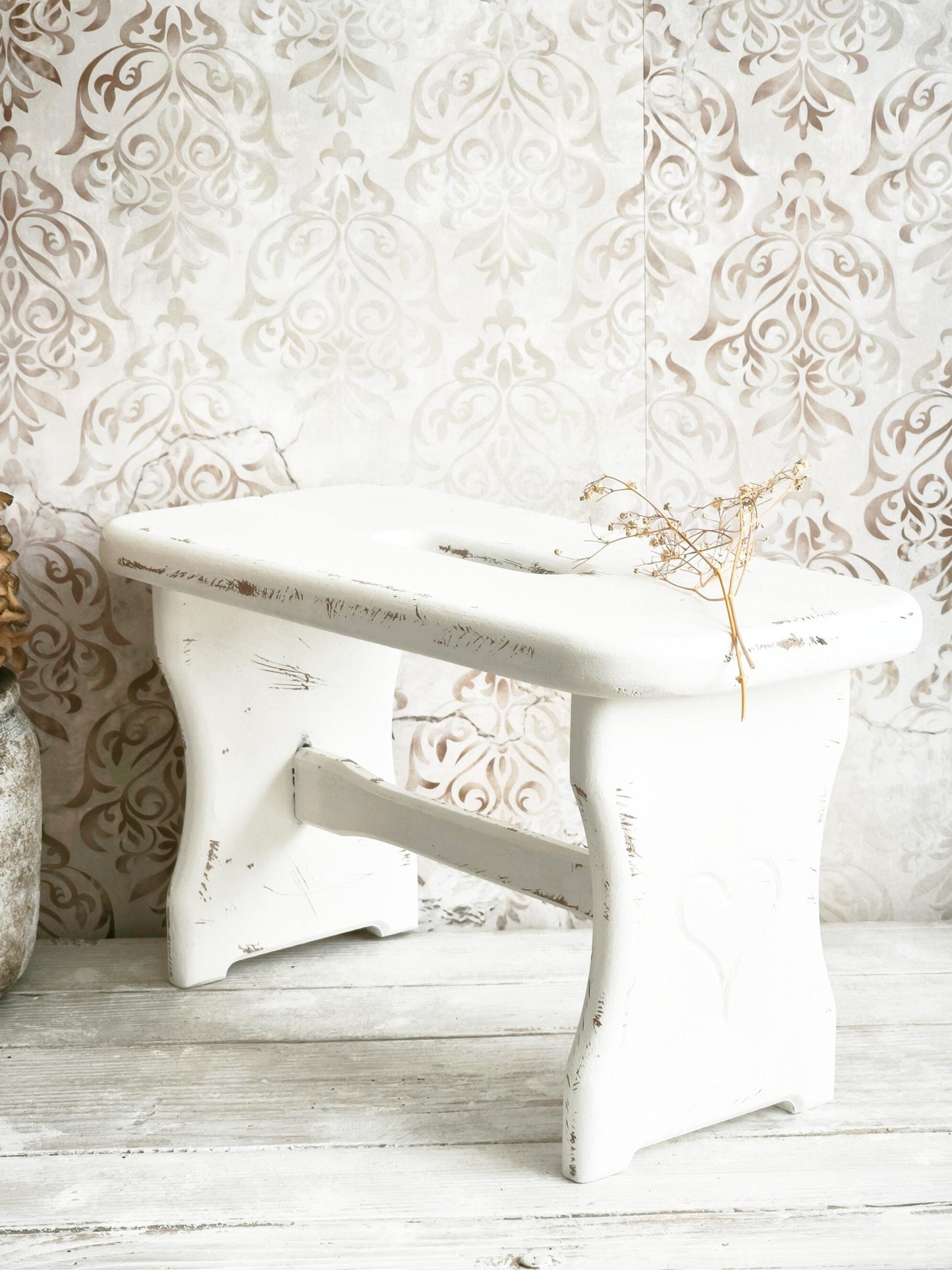 White Wood Step Stool Carved Heart, Rustic Farmhouse Plant Stand Bench
