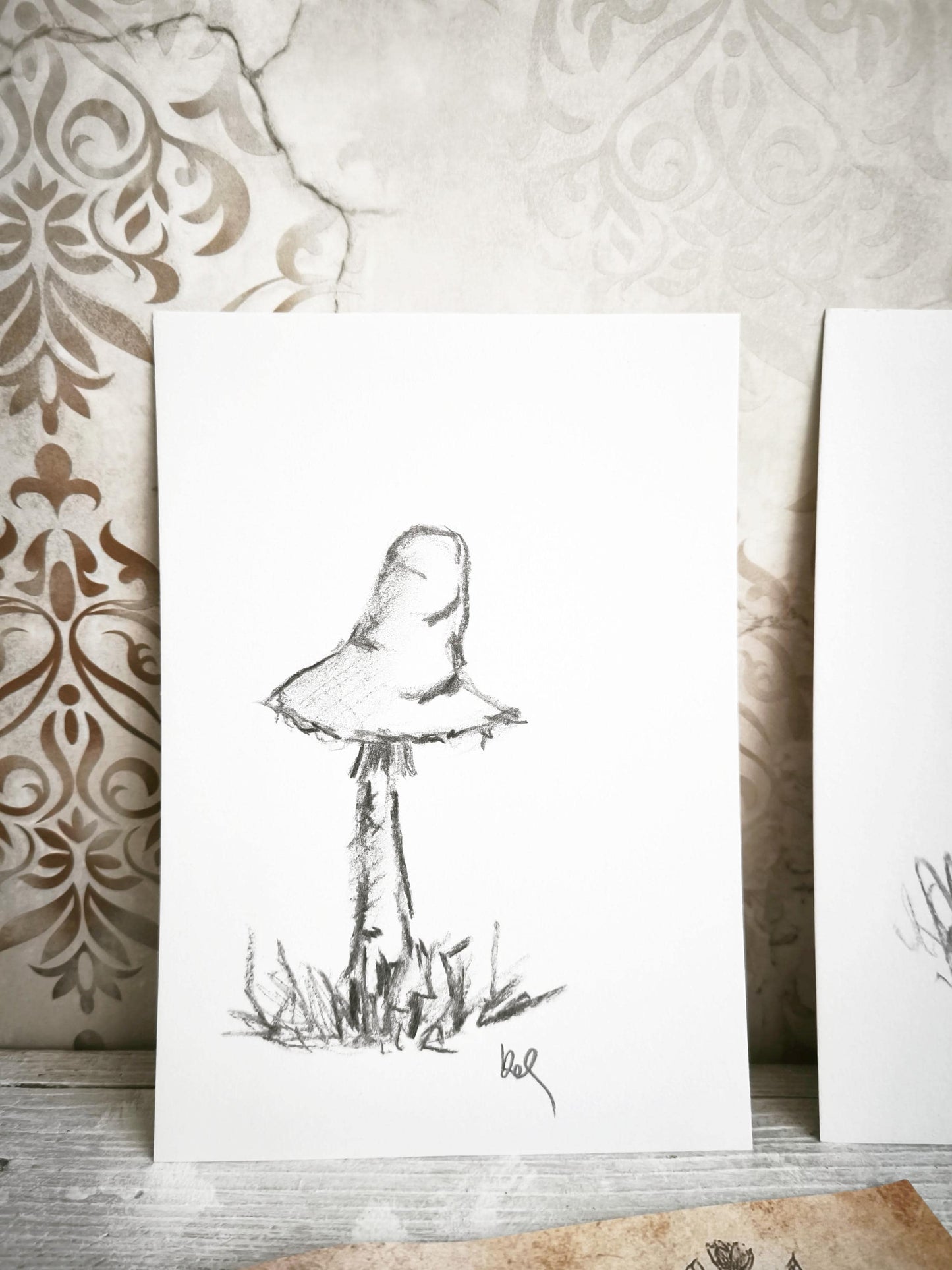 Original Charcoal Mushroom Drawing, Forest Woodland Nature Art, Porcini Sketch