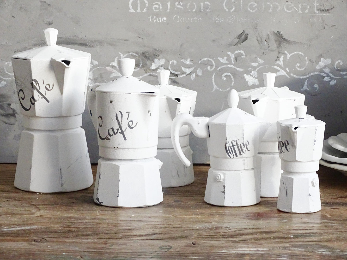 Distressed White Moka Pot, Italian Espresso Stove Coffee Maker, Retro Kitchen Decor