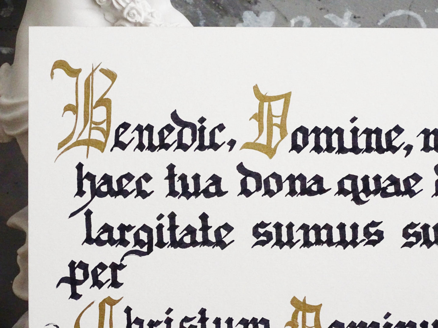 Latin Prayer Before Meal, Handwritten Catholic Blessing, Gothic Calligraphy Manuscript