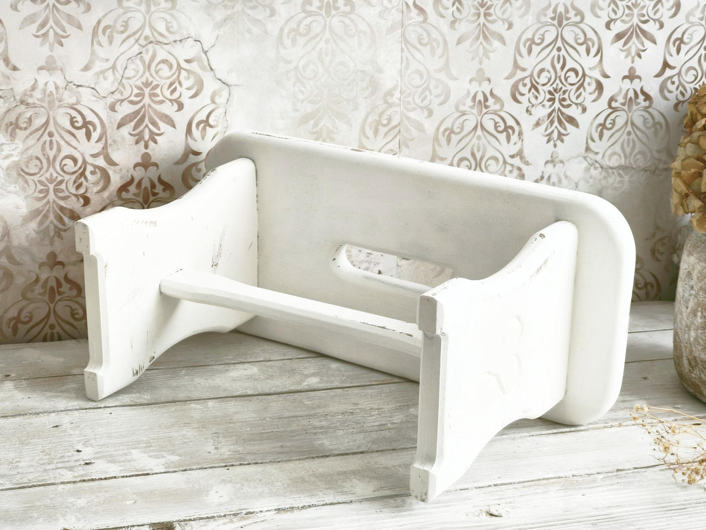 White Wood Step Stool Carved Heart, Rustic Farmhouse Plant Stand Bench