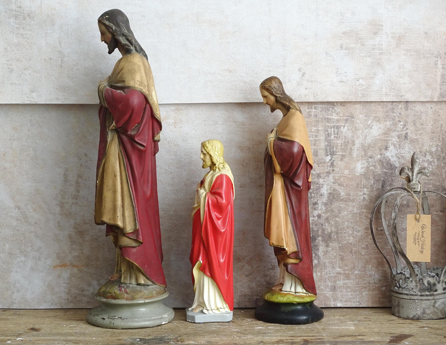 Antique Sacred Heart Jesus Statue: Plaster Hand-Painted Chalkware, Catholic Statuary